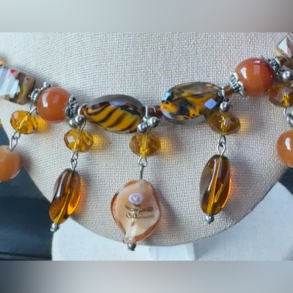 Artisan glass bead necklace with amber color seed beads adjustable silver chain - Picture 7 of 8